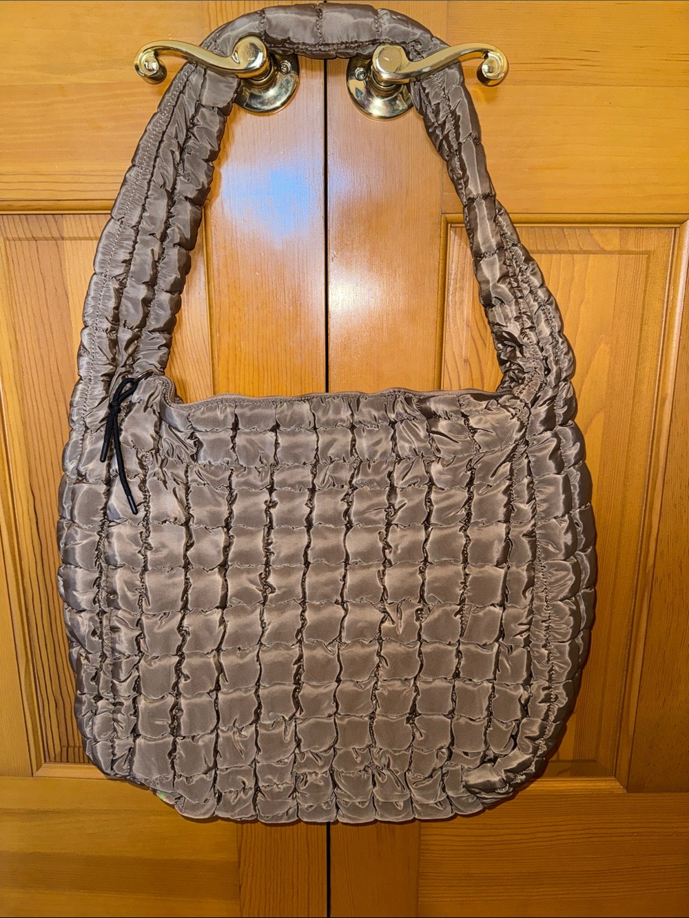 Quilted Satin Shoulder Bag in Taupe